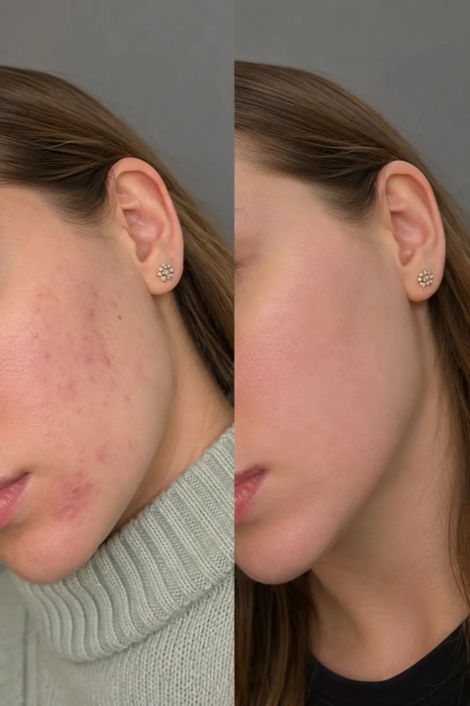 Side by side view of a cheek, showing skin texture before and after a course of skin booster treatment